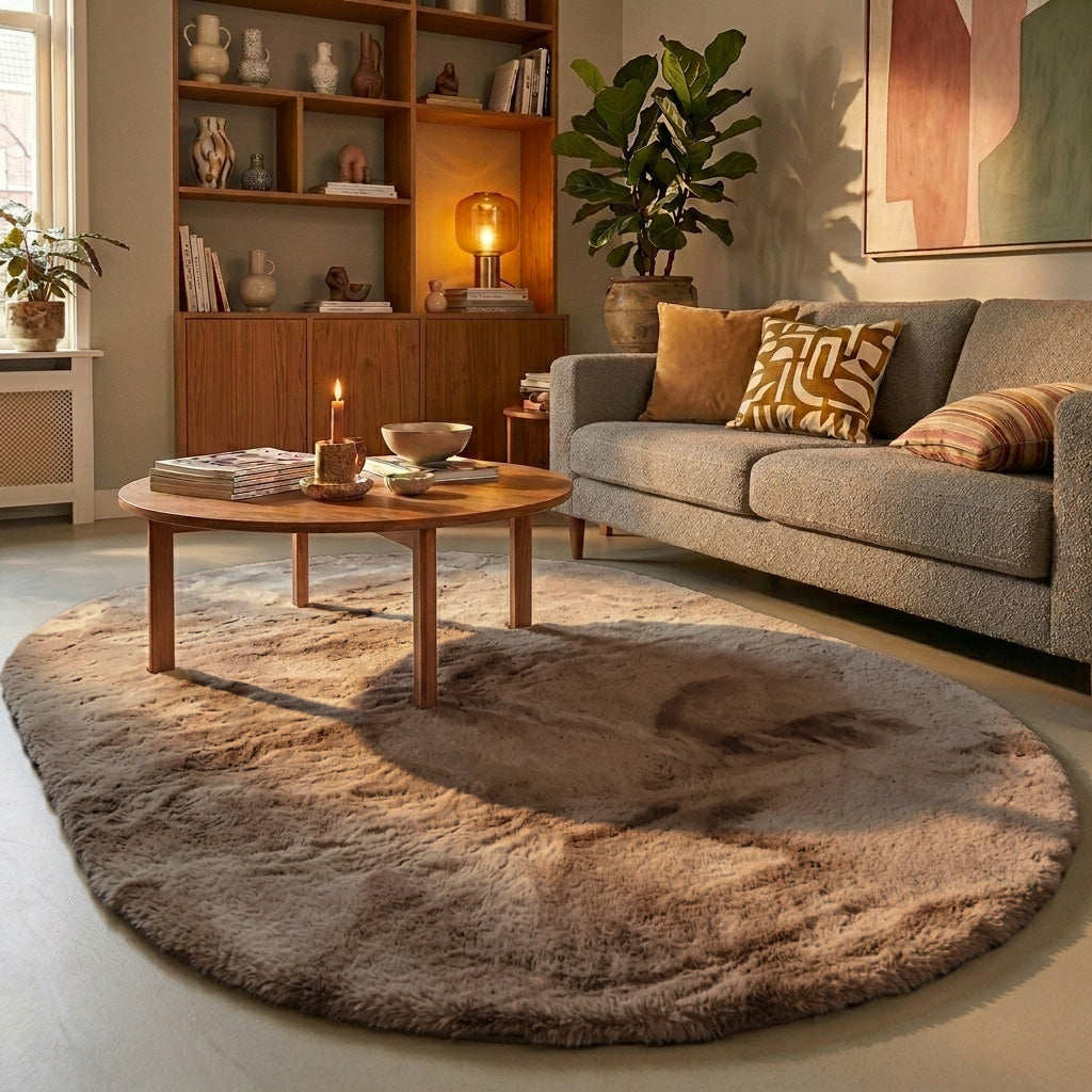 Oval fluffig matta | Comfy Supreme taupe hos Volero