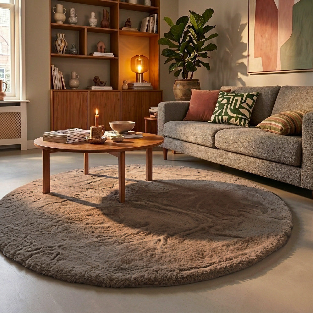 Rund fluffig matta | Comfy Supreme taupe hos Volero