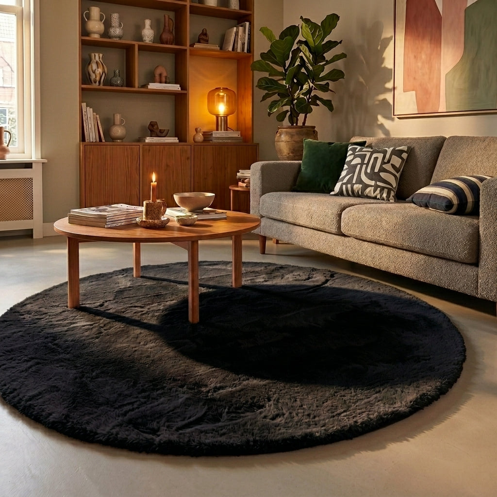Rund fluffig matta | Comfy Supreme svart hos Volero